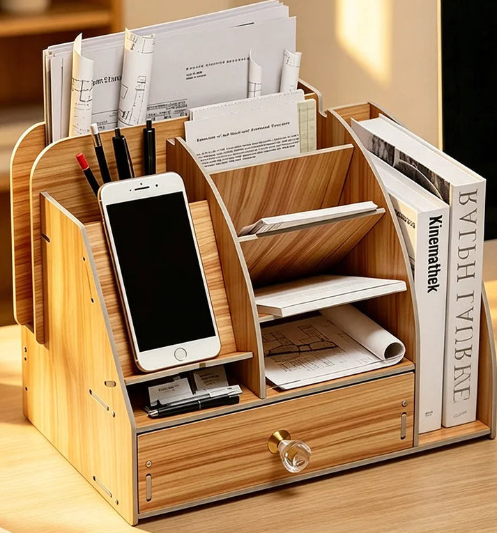 Wooden Desktop Organizr with Storage Drawer